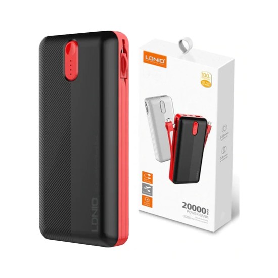 POWER BANK LDNIO PL2014 COM MICRO TIPO C E PORTA DE ILUMINAÇÃO 74WH 20000MAH VERMELHO PRETA